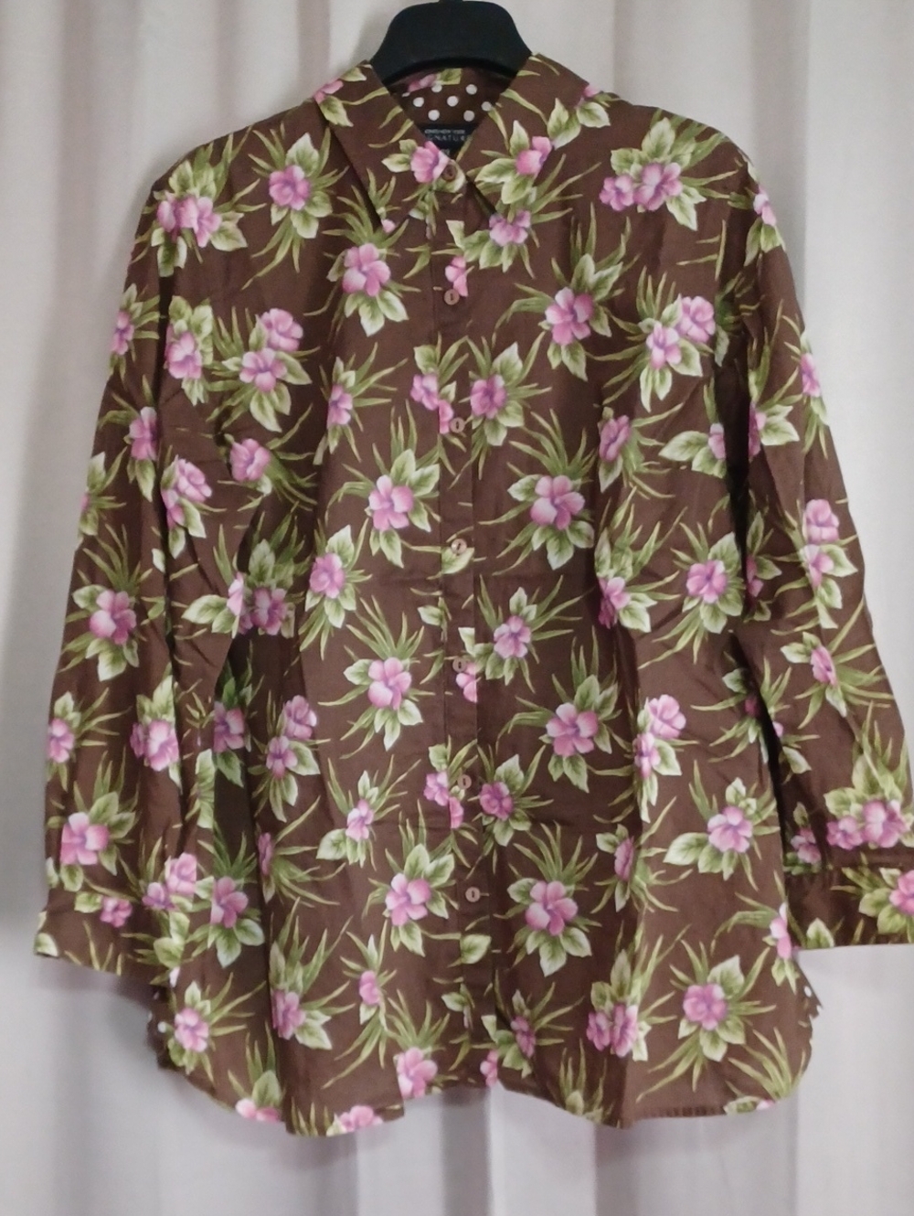 Jones New York Floral Cotton Button Up Top Long Sleeve Brown Pink Plus Size 2X